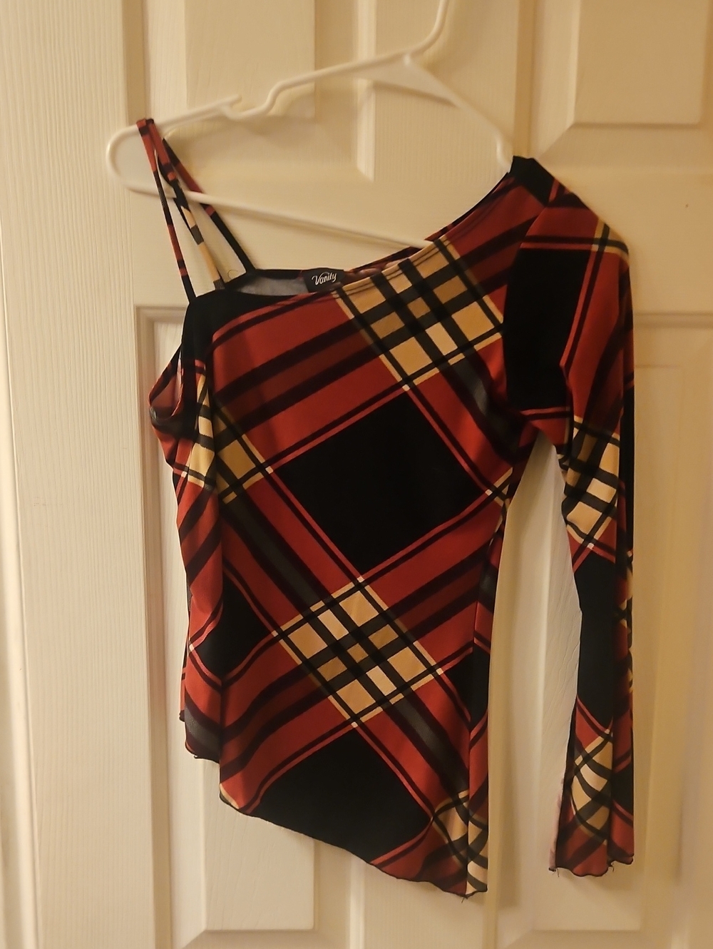 Vanity Red and Black Plaid One-Shoulder Long Sleeve Top